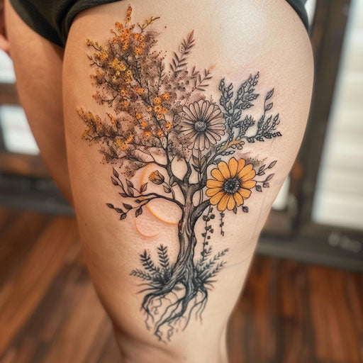 Wildflower tattoo with tree, earthy tones, detailed trunk, grounding design