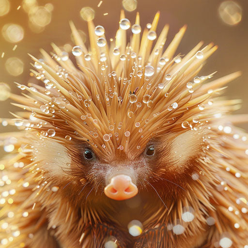 Echidna with dewdrops on quills, soft and gentle
