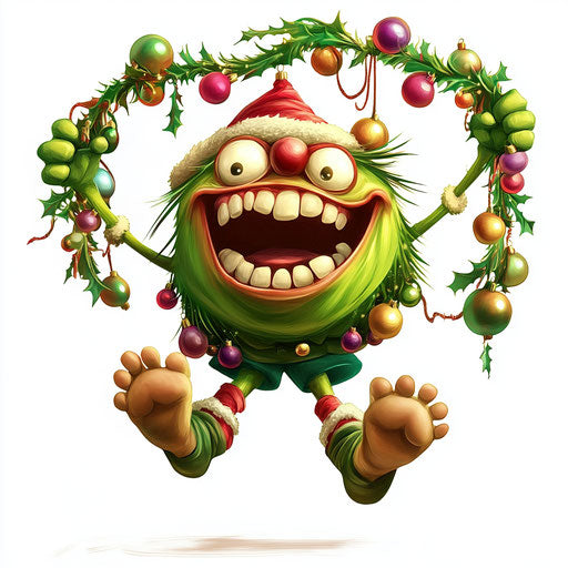 Humorous caricature of a Christmas garland with human characteristics