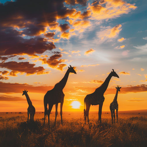 Serene sunrise over African savanna, family of giraffes