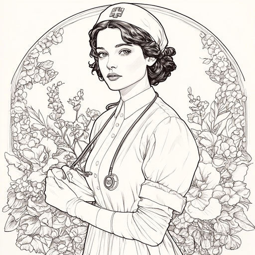 Nurse in vintage uniform, Detmold style, coloring book page