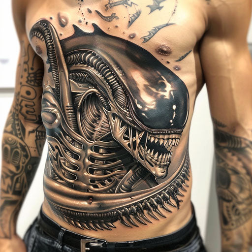 Men's Alien Stomach Tattoos, in Humberto Ramos Style
