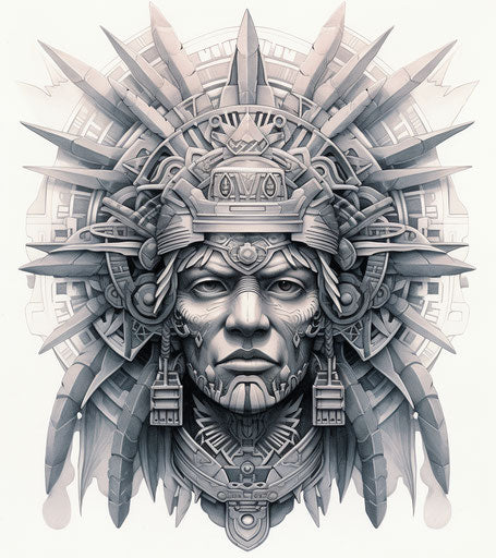 Mayan-inspired Indian head tattoo with metalwork details