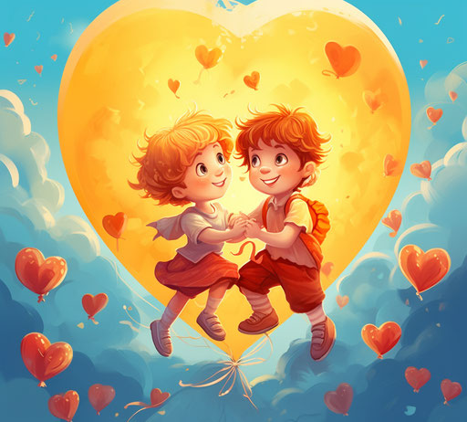 Valentine's Day card with children flying on a heart