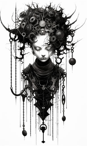 Old demented drawing, black figure, chain and key, aetherclockpunk style, detailed feather rendering, delicate ink lines, suspended/hanging, manga-inspired, wiccan, stark minimalism 49:81