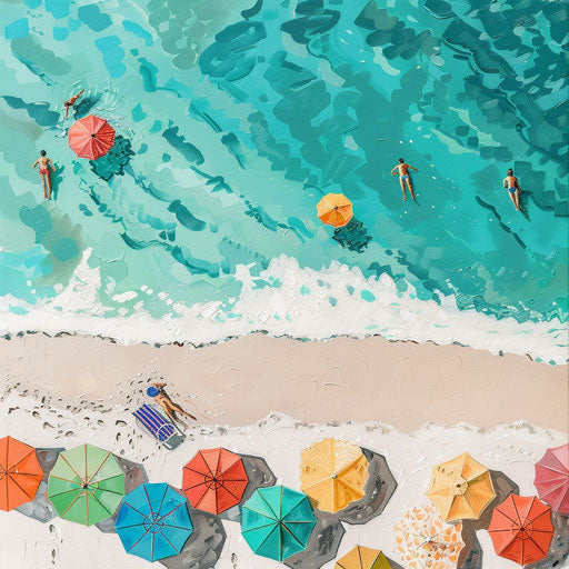 Beach with colorful umbrellas and crystal-clear water