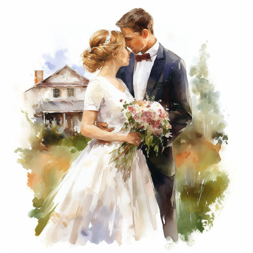 Wedding illustration in the style of oil painting on white background