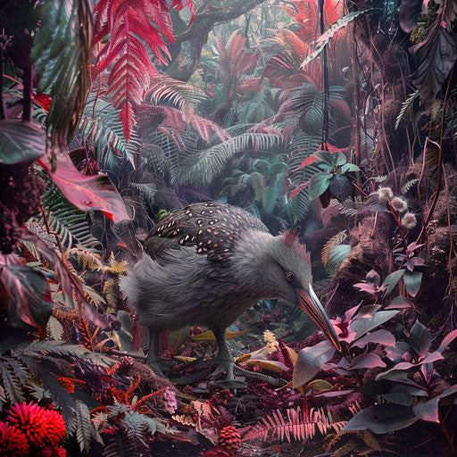 Kiwi bird moving through colorful undergrowth