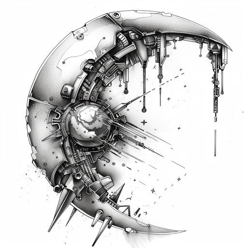 Biomechanical tattoo concept with moon and stars merging with futuristic elements on white base