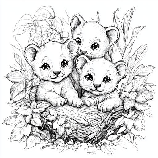 Playful panther cubs in the style of Mamoru Hosoda, Coloring book page