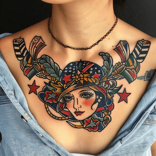 Classic chest tattoo for women with patriotic symbols