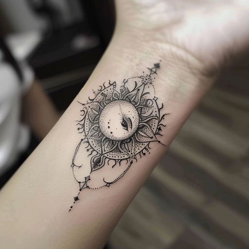 Sketch of a celestial sun and moon with intricate details for wrist coverup tattoo for women