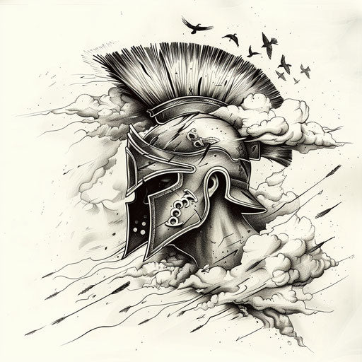 Dreamy spartan helmet tattoo sketch with floating clouds and flying birds