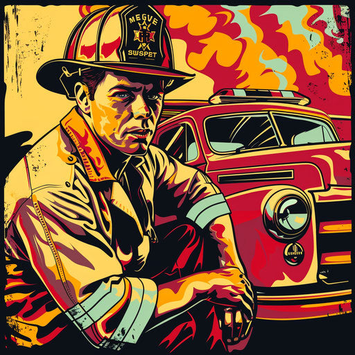 Retro styled flat tattoo sketch of firefighter with classic fire engine, in vivid 1950s inspired colors