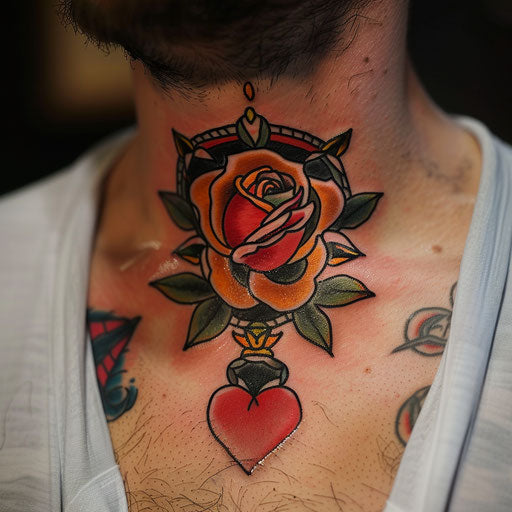 Rose tattoos for men in the style of Sailor Jerry with a classic rose and heart