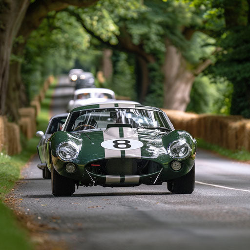 Shelby Daytona in classic British racing green paint with white stripes, competing in a vintage car rally