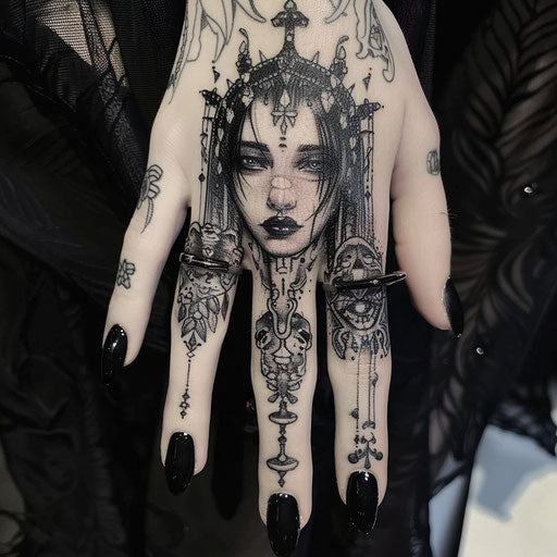 Finger tattoos for women in the style of Gerald Brom with gothic, mystical symbols