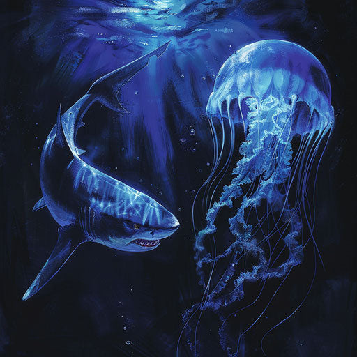 Encounter of shark and jellyfish: contrasting forms and movements