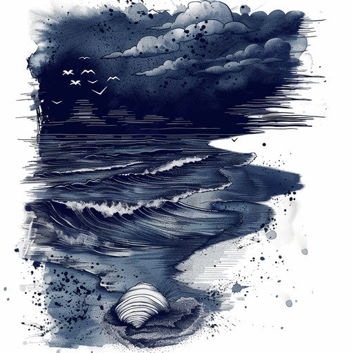Dramatic tattoo sketch of stormy sea with lone shell