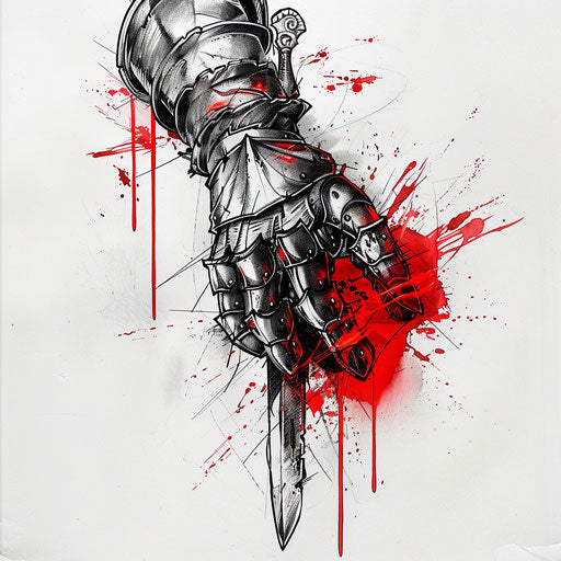 Stylized tattoo sketch of a knight's gauntlet gripping a sword, with a splash of blood red
