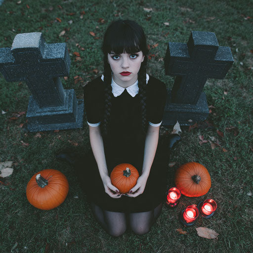A woman among gravestones with pumpkins nearby