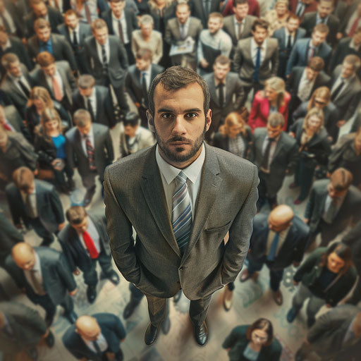 Businessman in the midst of a trade show floor hustle