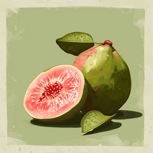 Guava clipart in a realistic depiction with a flat, muted olive background