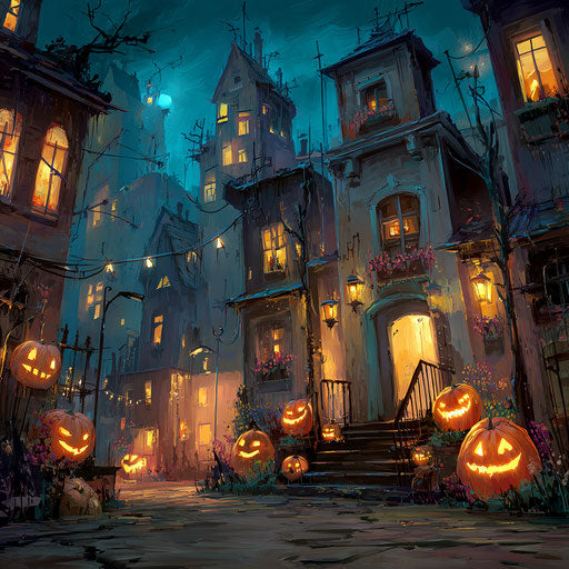 Festive and eerie atmosphere with glowing pumpkins