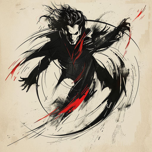 Dynamic flat tattoo sketch of a vampire with bursts of motion
