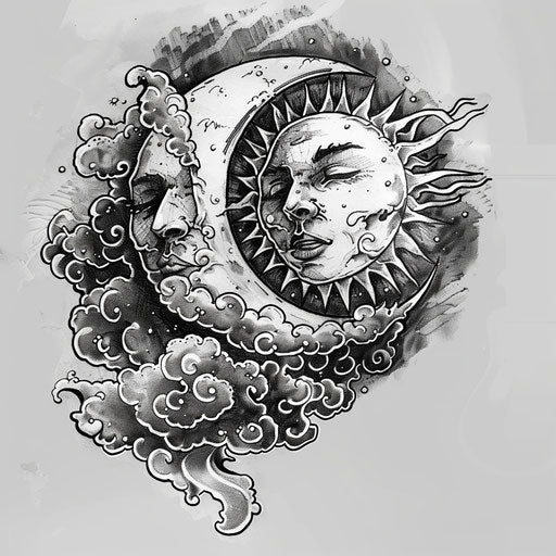 Gothic tattoo sketch of a sun and moon with dark clouds, monochrome with silver highlights