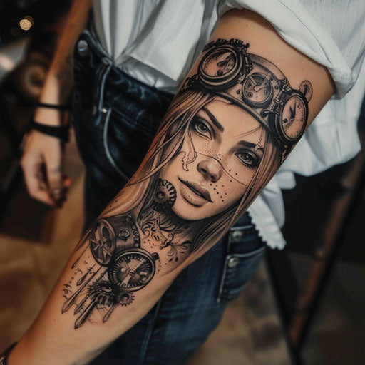 Forearm tattoos for women in the style of Adrian Smith featuring steampunk elements