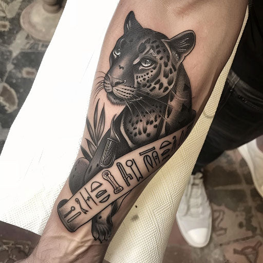 Ancient Egyptian style panther tattoo on white papyrus scroll