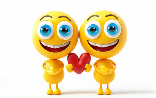 Two cute characters holding hands and hugging with big blue eyes, yellow skin, white background, red heart in the middle, vector illustration, clip art style, isolated on white background, high resolution photo, highly detailed