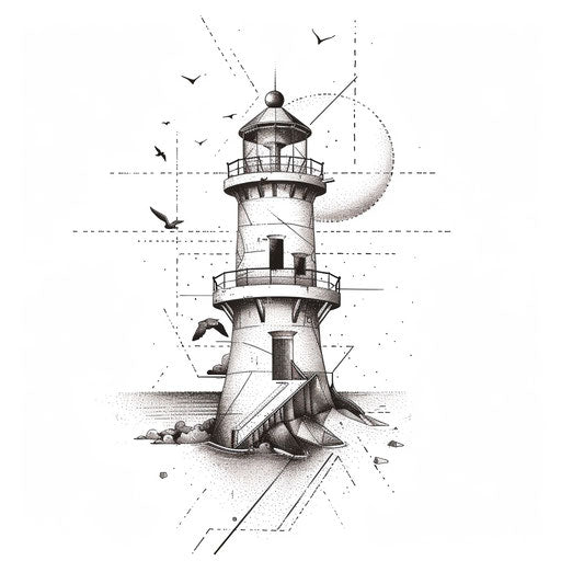 Minimalist black and white lighthouse tattoo illustration