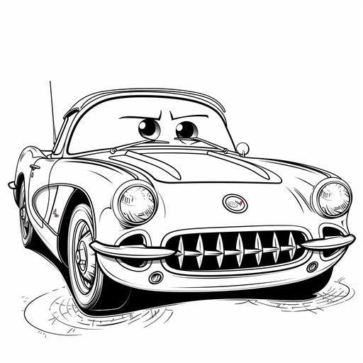 Smiling sports car with big eyes, coloring page