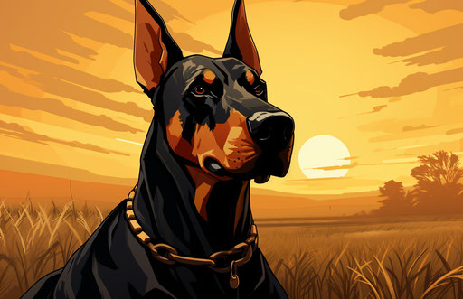 Dog sitting in field, light orange and dark black style