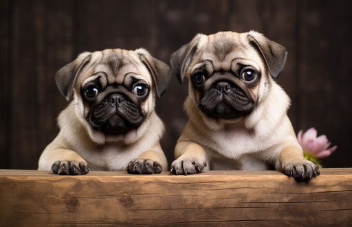 Two small pugs sitting on a wooden board