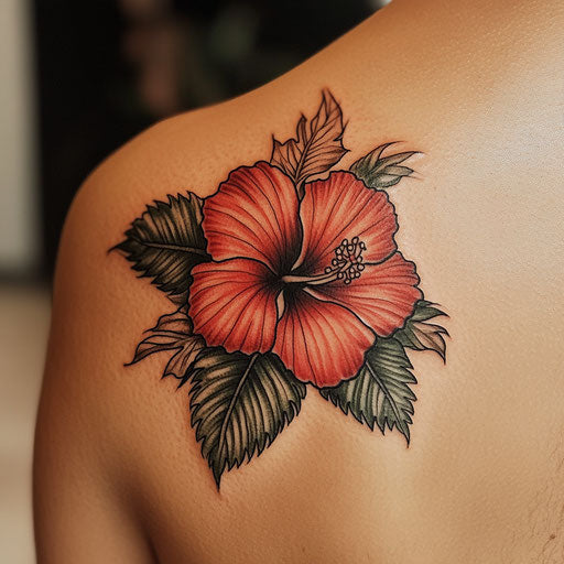 Hibiscus flower tattoo on pure white background in the style of Humberto Ramos on a shoulder blade