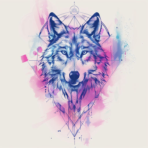 Ethereal tattoo sketch of geometric wolf with airy pastels