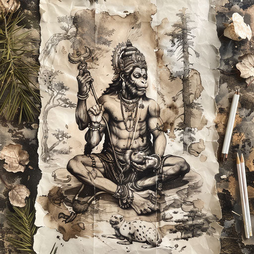 Rustic flat tattoo sketch of Hanuman in a forest setting with animals