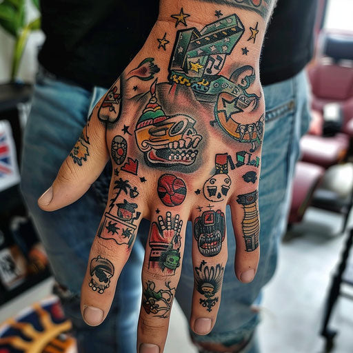 Satirical hand tattoo, inspired by Steve Sack's style