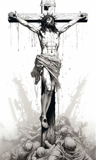 Jesus on the cross: playful line drawing in gothcore style