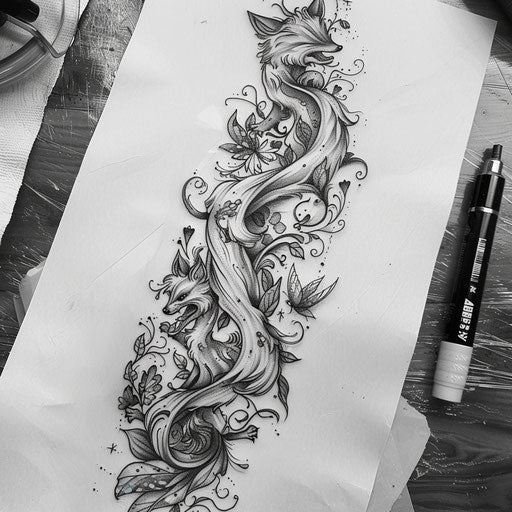 Whimsical ribbon tattoo sketch with fairytale creatures and enchanted forests