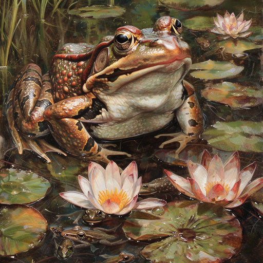 A mother frog watches over her tadpoles in a peaceful pond, a protective gaze