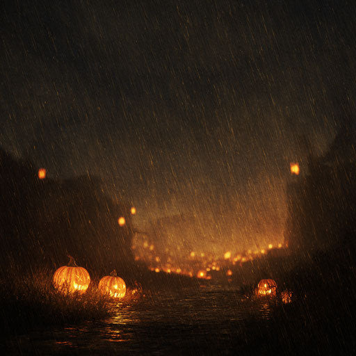 Eerie rainy night with glowing pumpkins scattered about