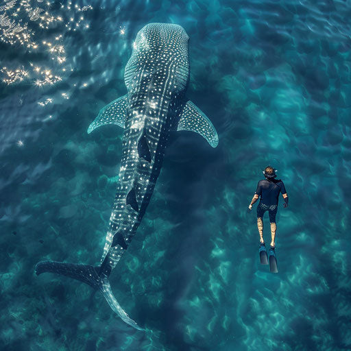 Contrasting size of a whale shark and a human freediver
