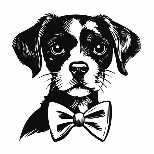 Dog in bow tie, stylized black and white drawing