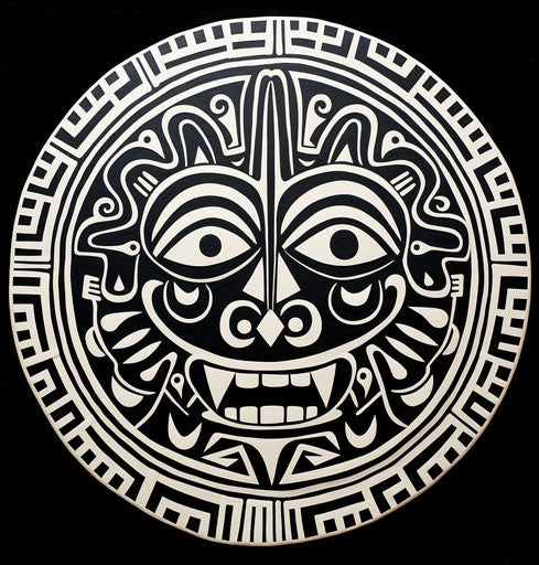Tribal face in the shape of a circle, in the style of Aztec art, Go Nagai, Hinchel or 24:25