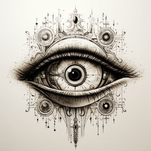 Spiritual eye in black and white, meditative patterns, color contrast, mythological iconography