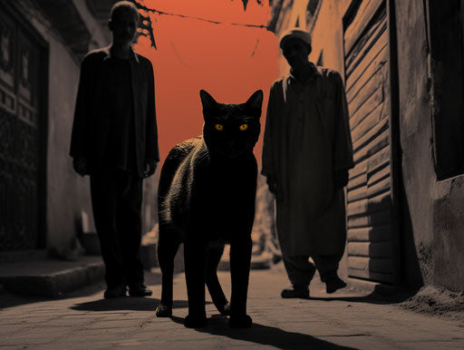 Street walk with a black cat and two men